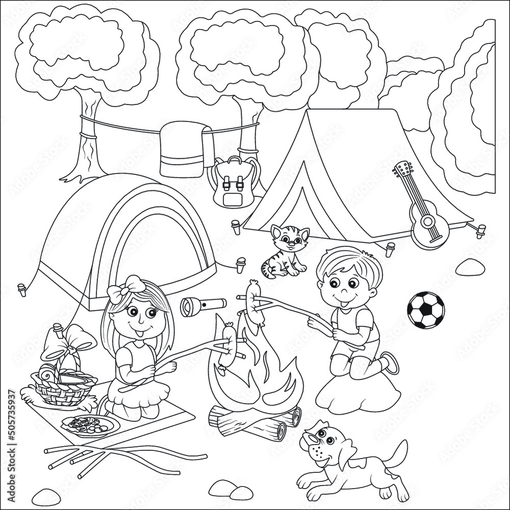 Summer camping coloring page vector