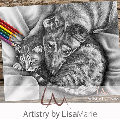 Cat and dog grayscale printable coloring book page â artistry by lisa marie