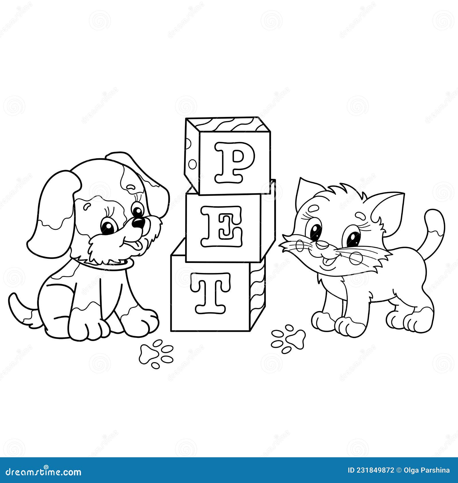 Coloring page outline of cartoon little dog and cat with toy cubes cute puppy and kitten pets stock vector