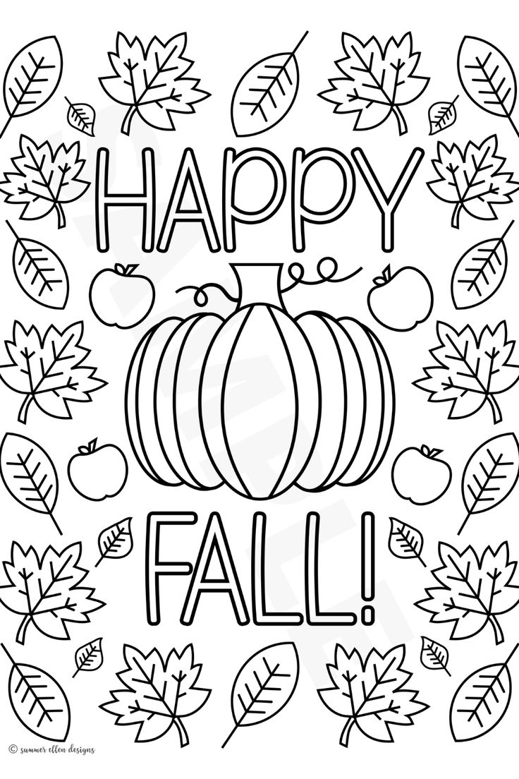 Happy fall coloring page adult coloring page for fall fall leaves and pumpkin autumn coloring sheets pdf instant download
