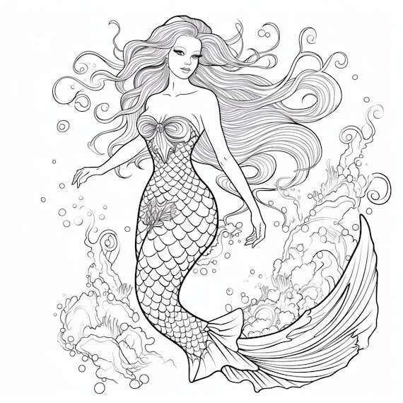 Printable mermaid coloring pages for kids and adults digital download pdf