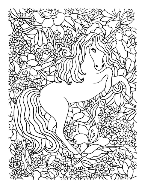 Premium vector unicorn leaping on flower coloring page for adults