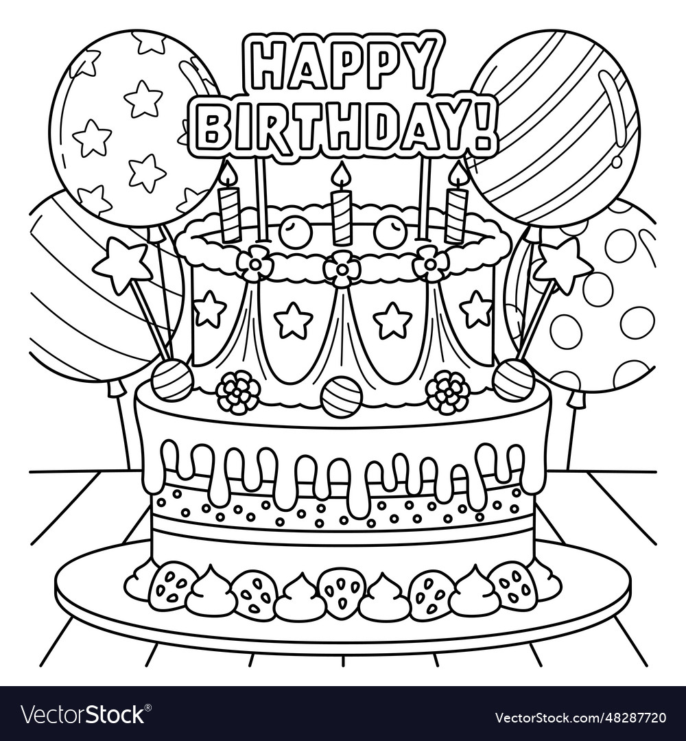 Happy birthday cake coloring page for kids vector image