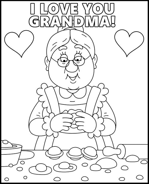 Grandma coloring page with hearts