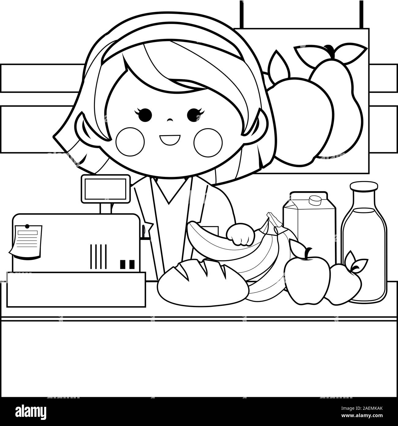 Grocery store employee at the counter black and white coloring page stock photo