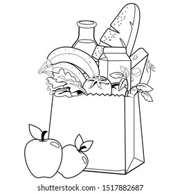 Paper bag groceries black white coloring stock illustration
