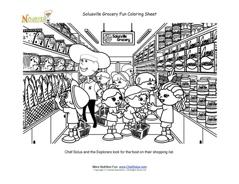Chef solus and explorers go grocery shopping in solusville grocery store coloring page