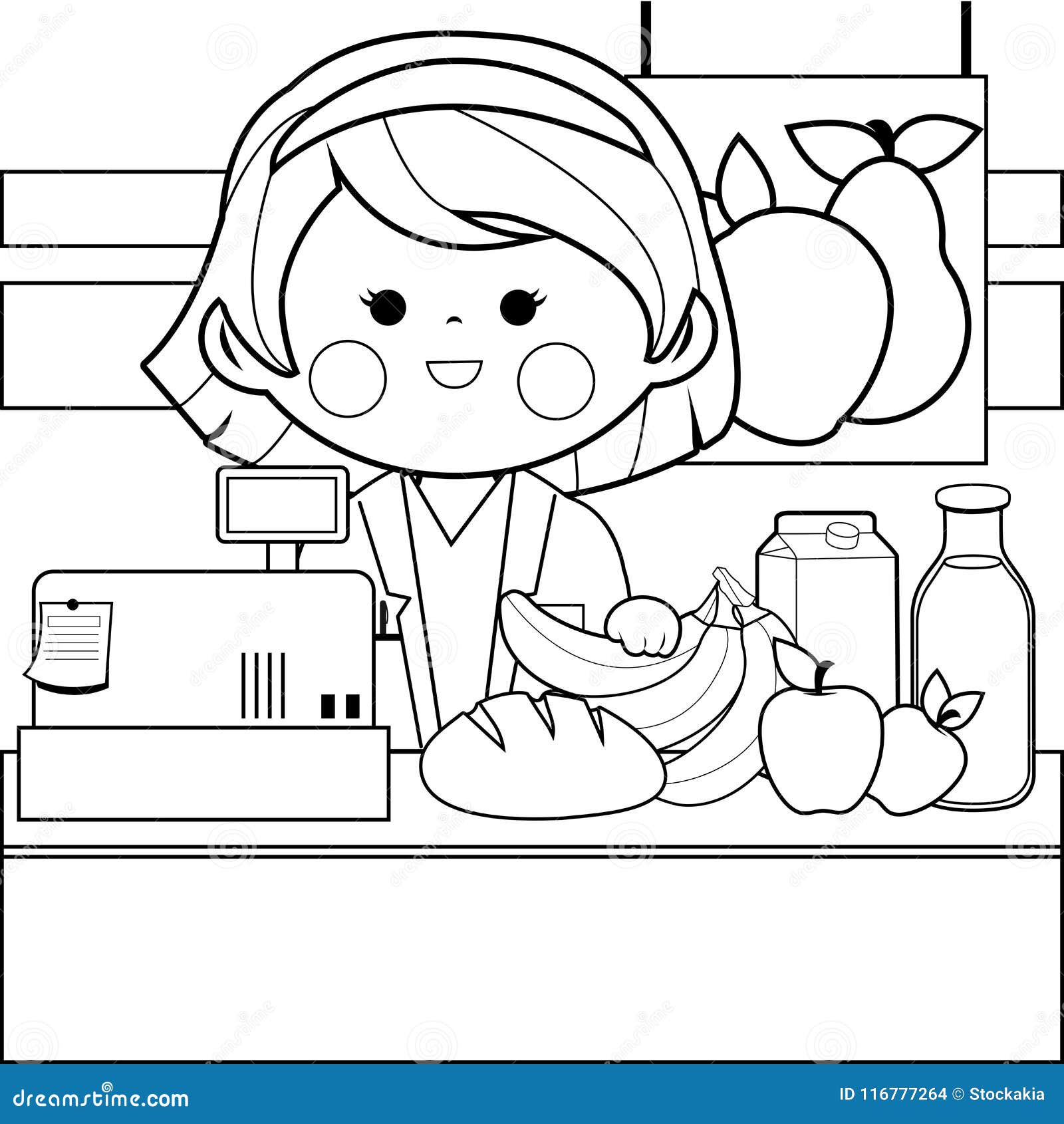 Grocery store employee at the counter vector black and white coloring page stock vector