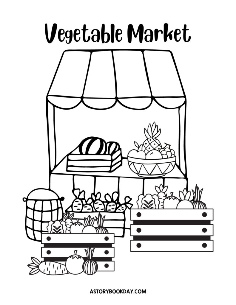 A fun printable grocery store vegetable market coloring page for kids