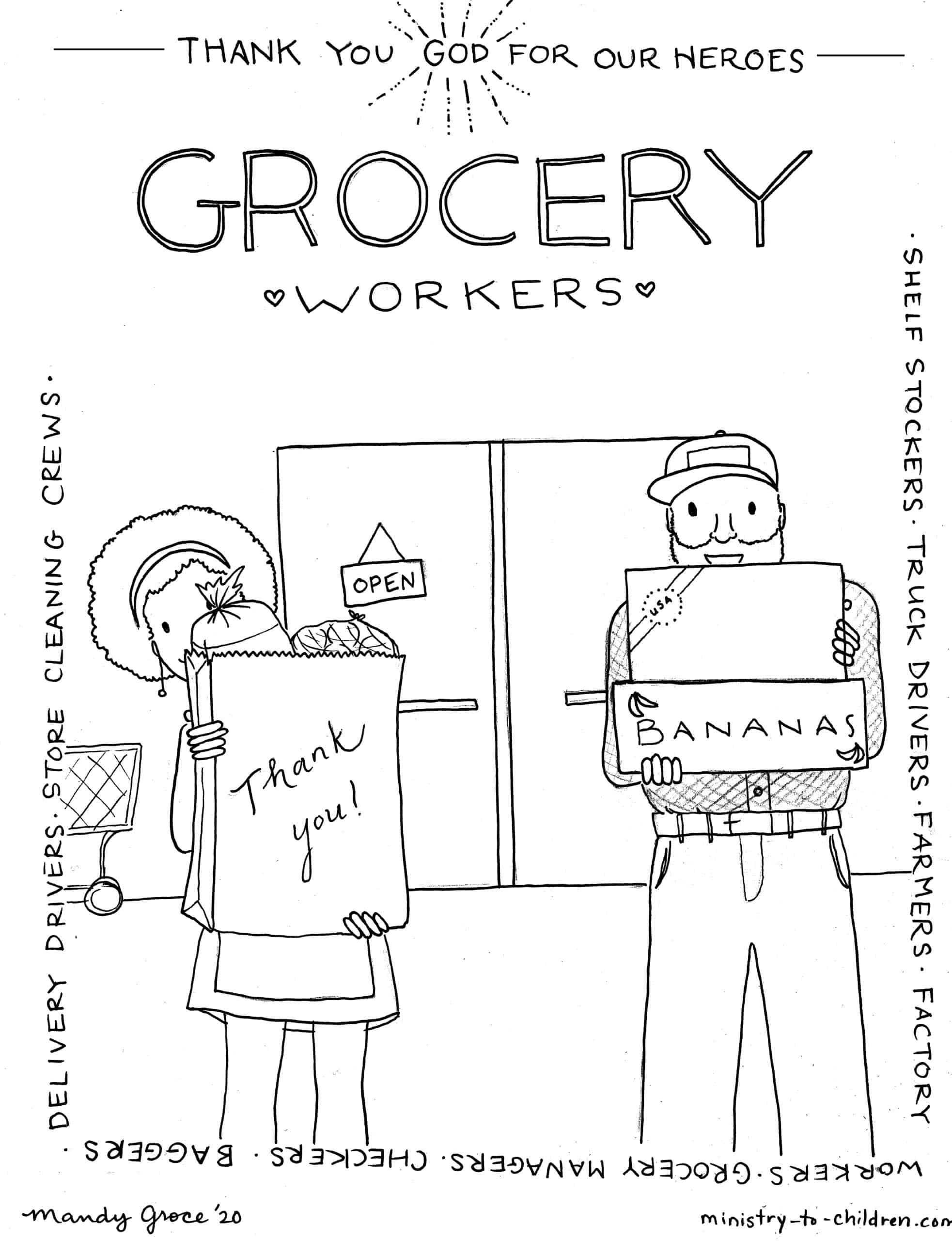 Coloring page grocery workers are everyday heroes