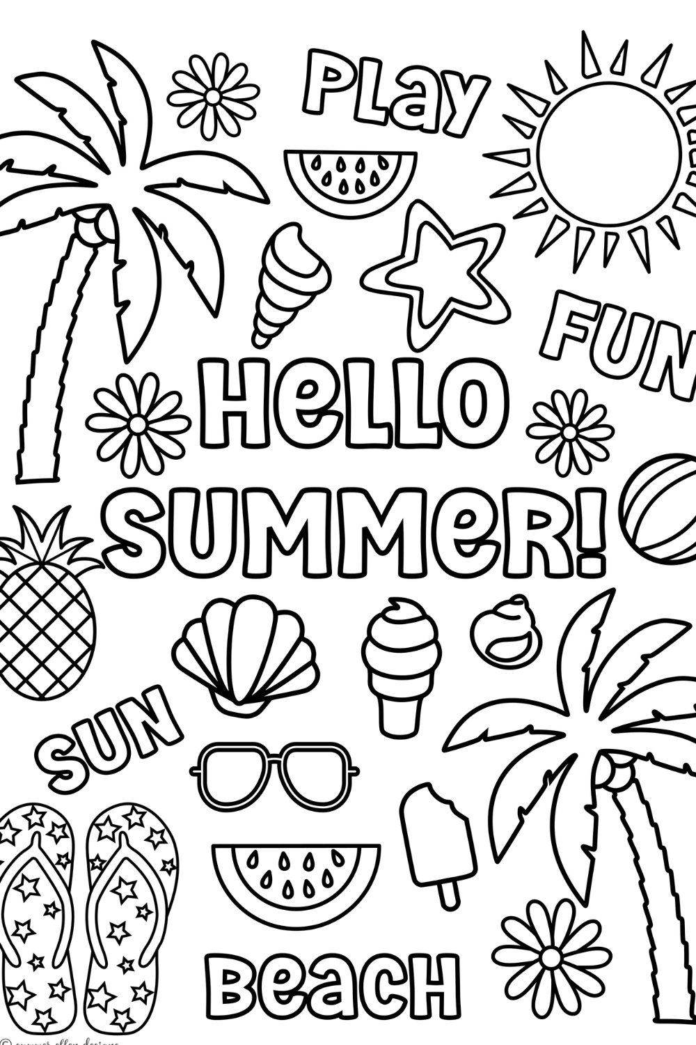 Hello summer printable page summer vacation coloring kids coloring pages coloring sheets for kids adults pdf digital download