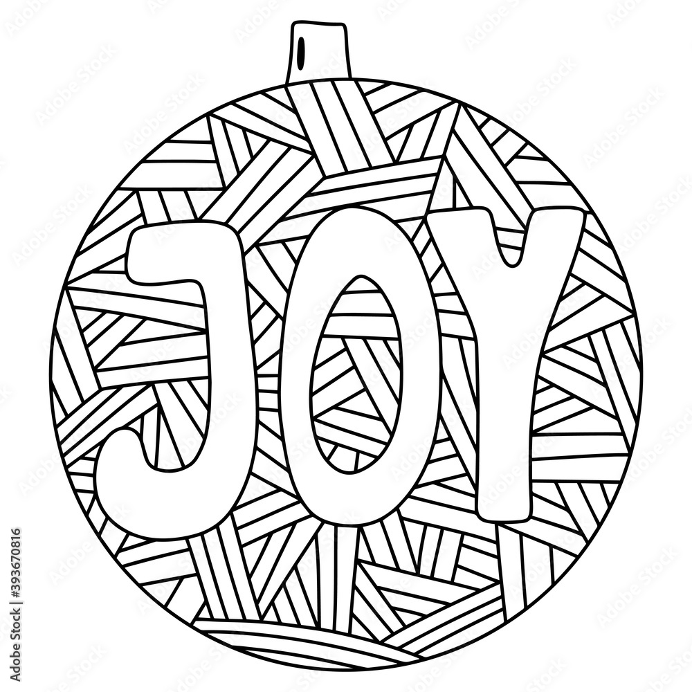 Christmas tree decorative ball coloring page vector illustration stylized ornamental tree decor ball with word joy black outline white isolated happy winter holidays printable coloring page vector