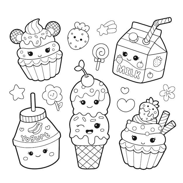 Premium vector cute sweet food and drink kawaii characters cute coloring pages cartoon coloring pages summer coloring pages