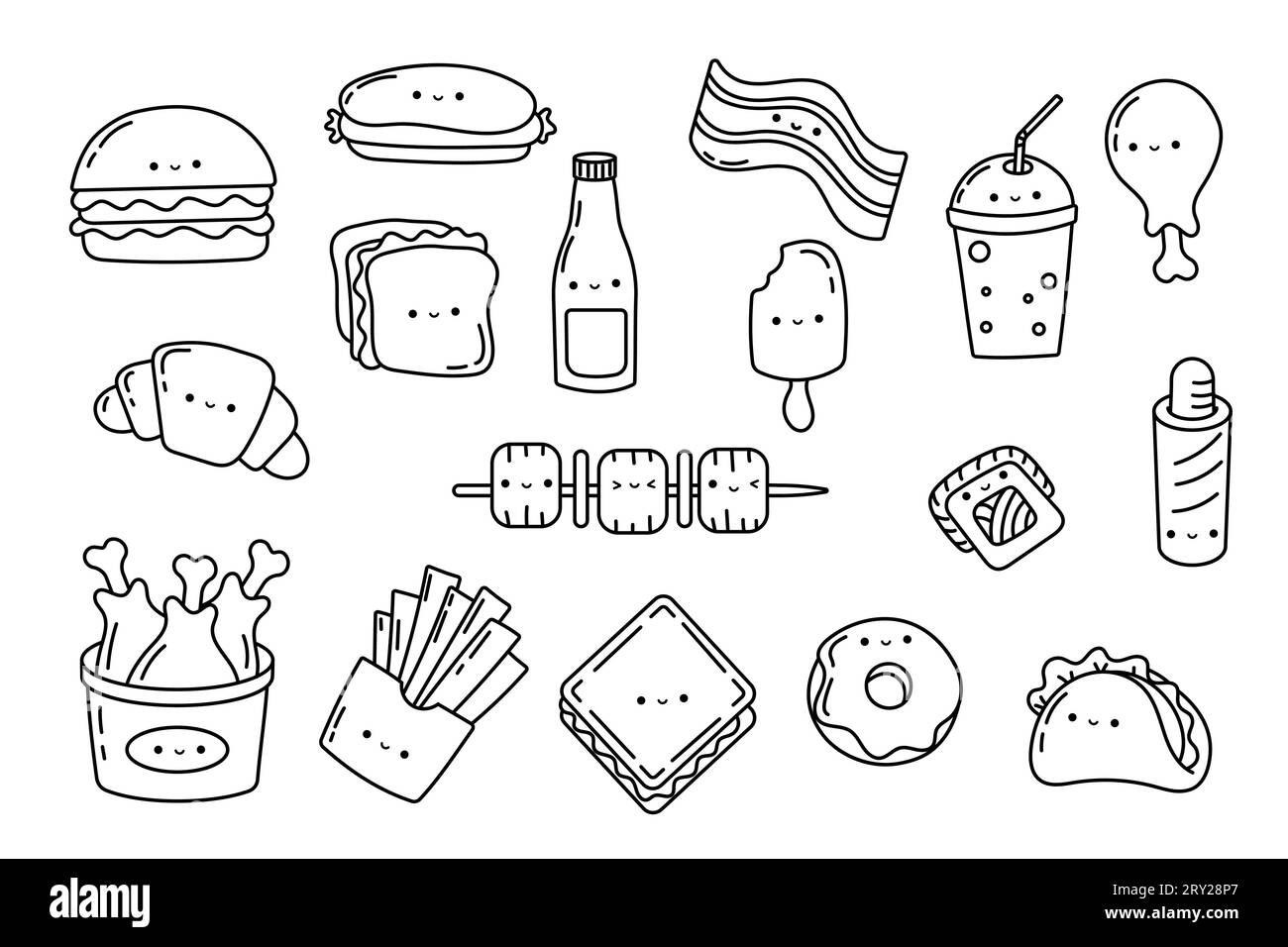 Set kawaii sticker fast food coloring page collection cute kawaii fast food illustrations outline stock vector image art