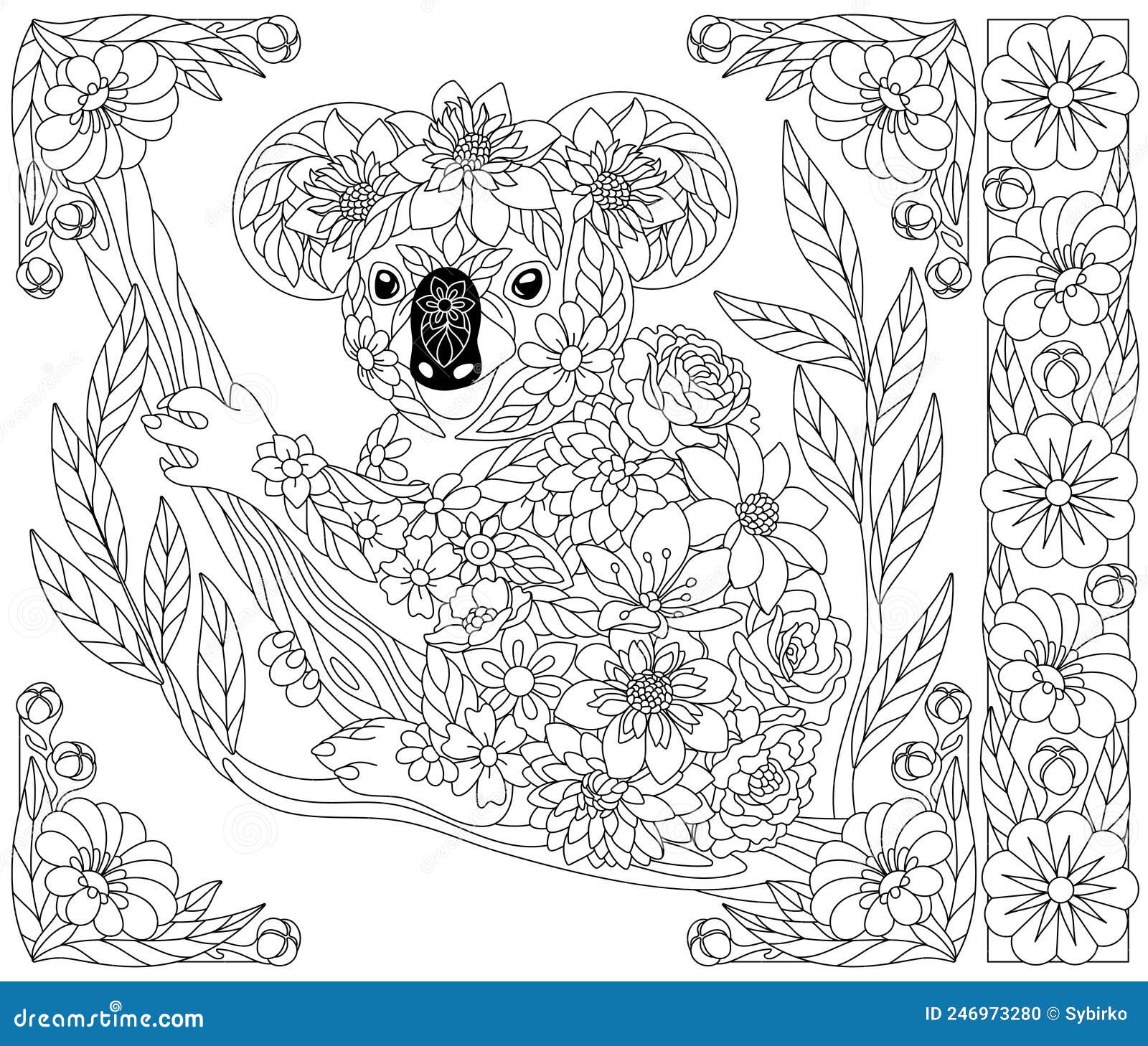 Floral koala bear coloring book page stock vector