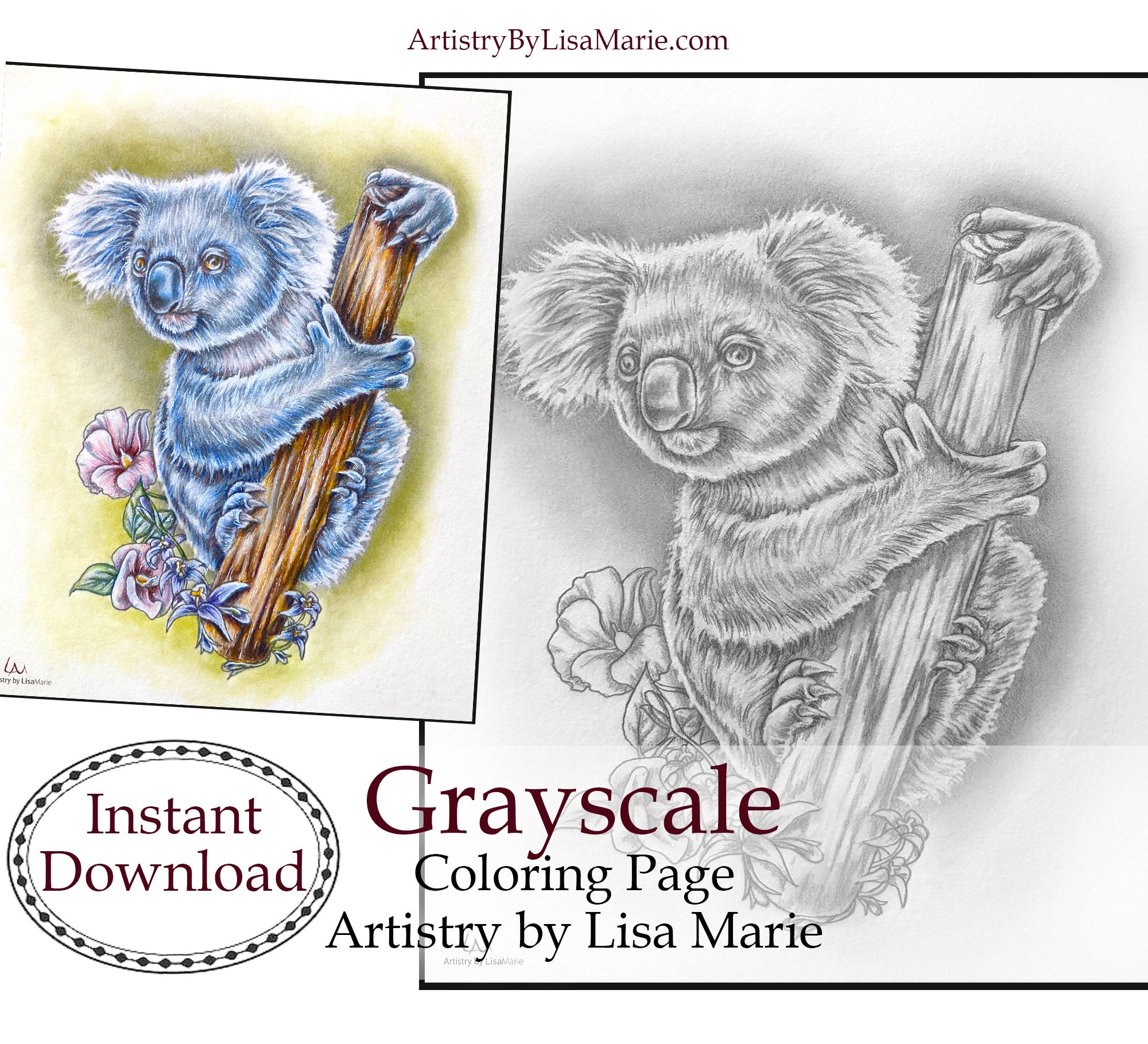 Grayscale coloring koala bear printable coloring page