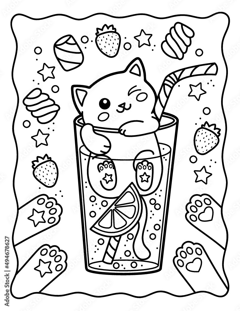 Kawaii coloring page cool kitten in a glass with lemonade coloring book black and white illustration vector