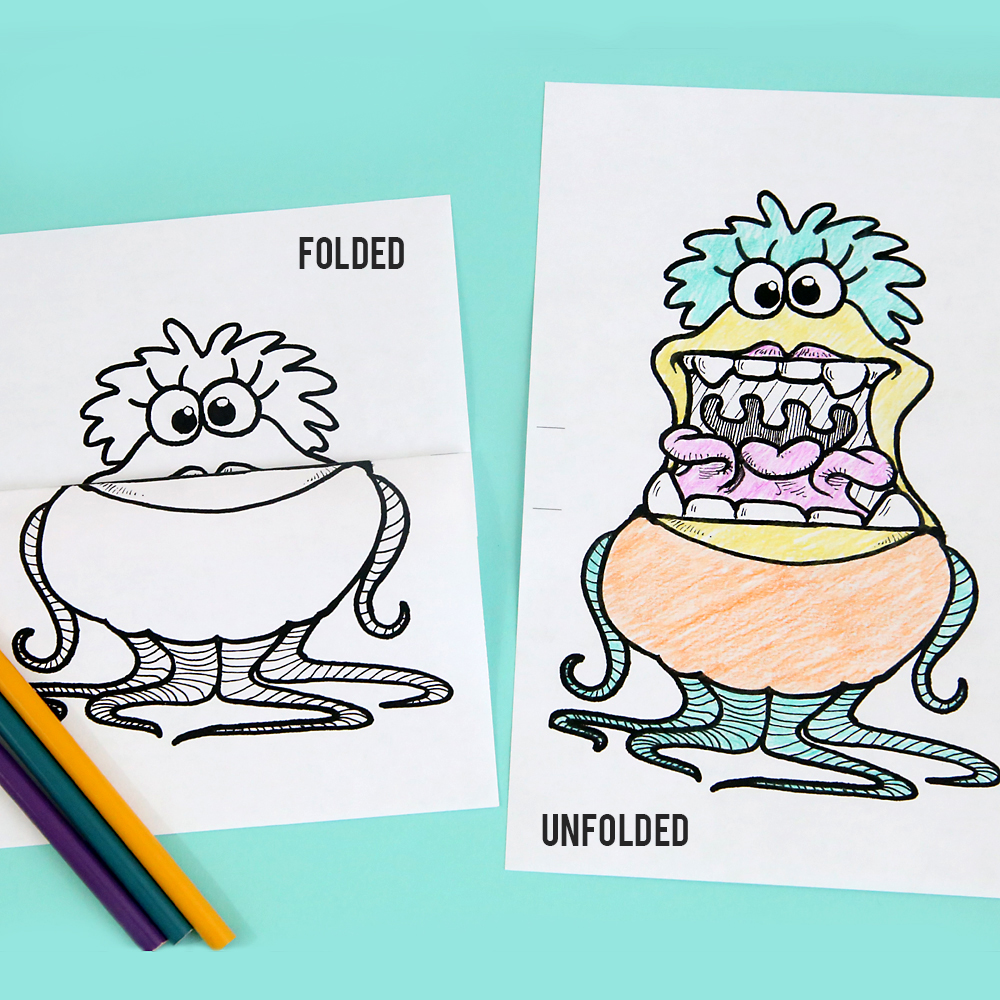 Monster coloring pages folding surprise