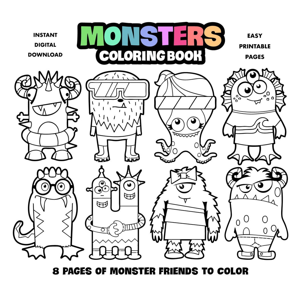Monsters coloring book for kids printable coloring pages for children boys and girls digital download arts and crafts halloween activity