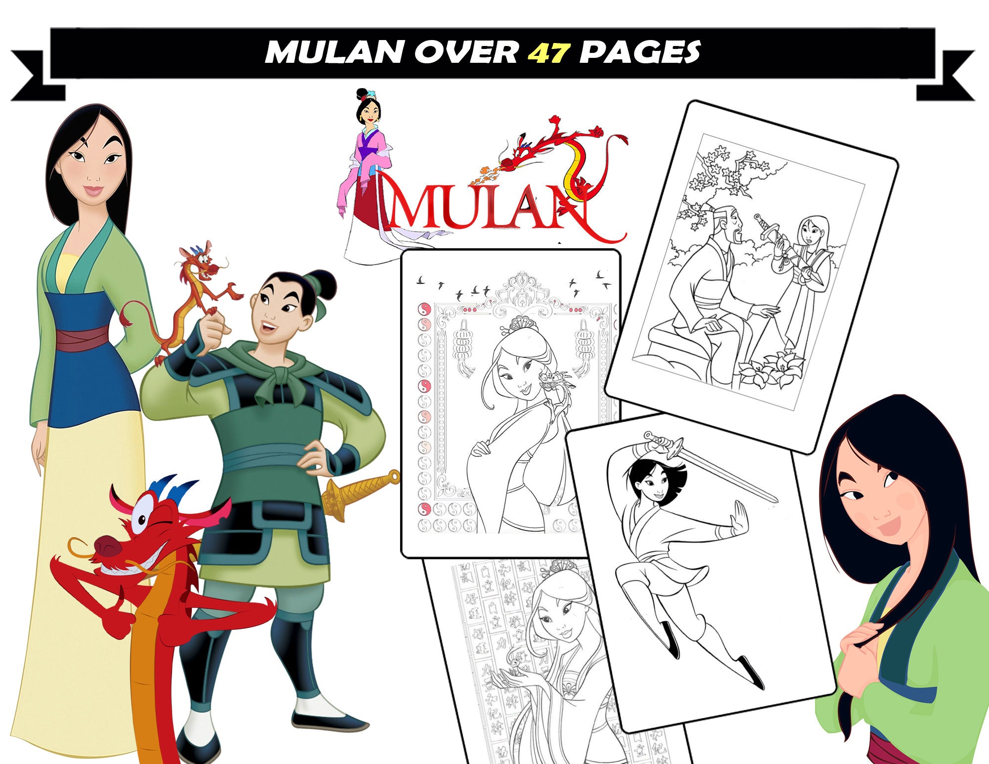 Fa mulan printable coloring sheets for children mushu mulan coloring pages for kids instant download cartoon characters printable coloring