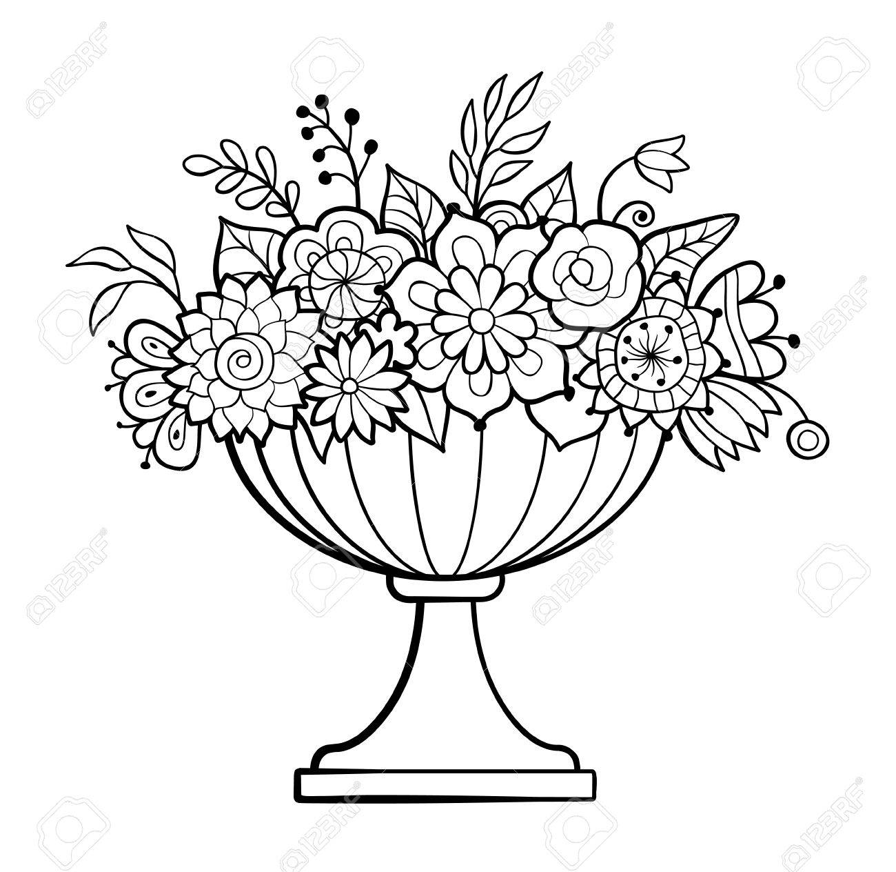 Vase with flowers big flower pot monochrome vector illustration antistress coloring page for adults royalty free svg cliparts vectors and stock illustration image