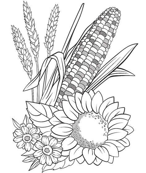 Corn and flowers free printable coloring page for kids