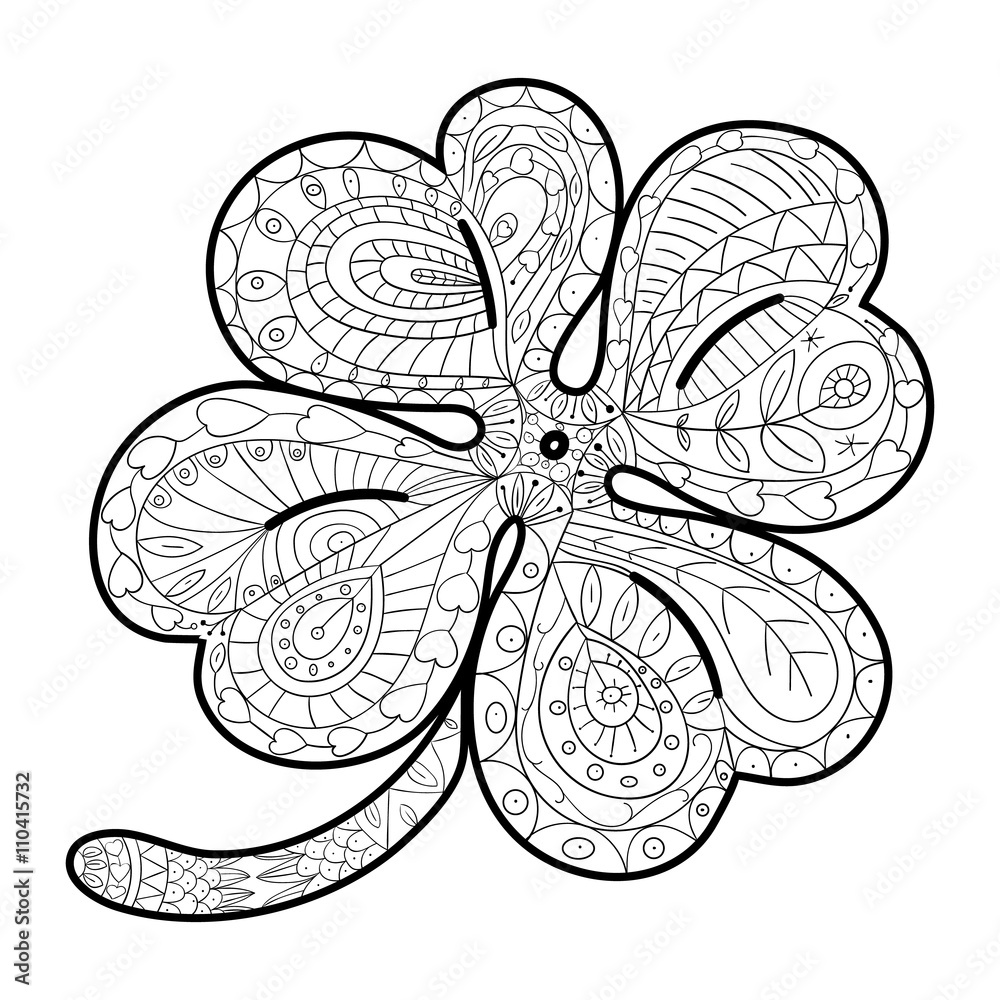 Hand drawn four leaf clover for adult coloring pages in doodle style ethnic ornamental vector illustration coloring book for relaxation therapy vector