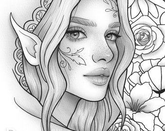 Printable coloring page fantasy floral girl portrait