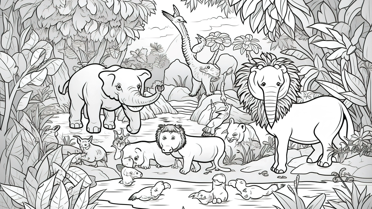 Children coloring page is shown with animals in the rainforest black and white background jungle animals coloring picture jungle animal background image and wallpaper for free download