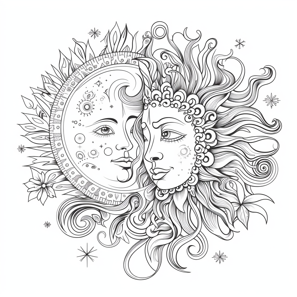Bohemian sun and moon coloring pages for adults