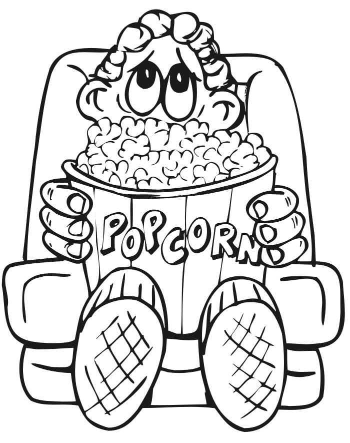 Family coloring page boy eating popcorn at movie
