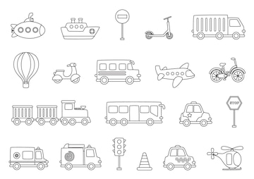 Premium vector set of black and white transportation means coloring page for children