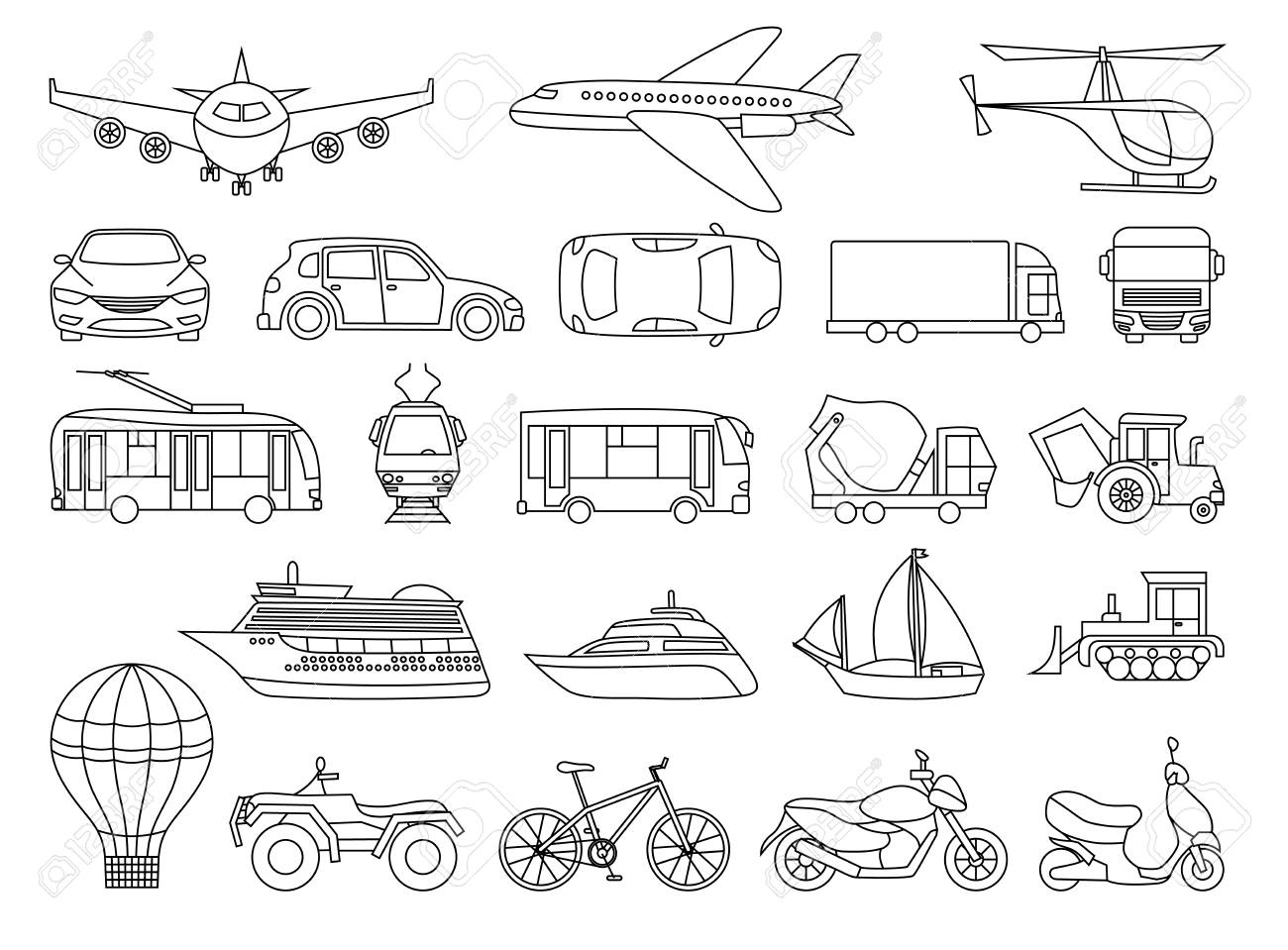 Toy transport set to be colored coloring book to educate kids learn colors visual educational game easy kid gaming and primary education simple level of difficulty coloring pages royalty free svg cliparts