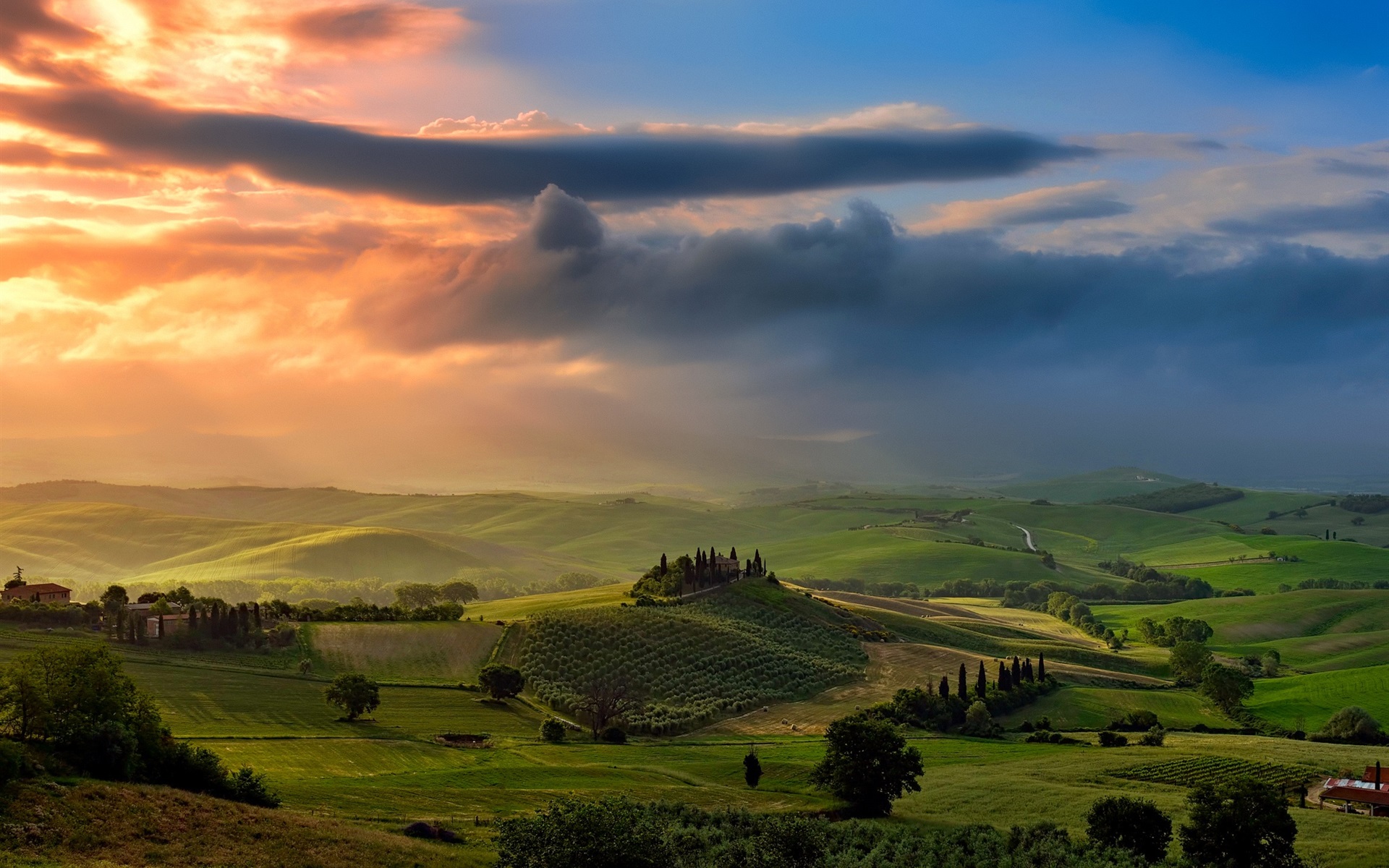 Wallpaper italy tuscany green fields valley clouds sunset x hd picture image