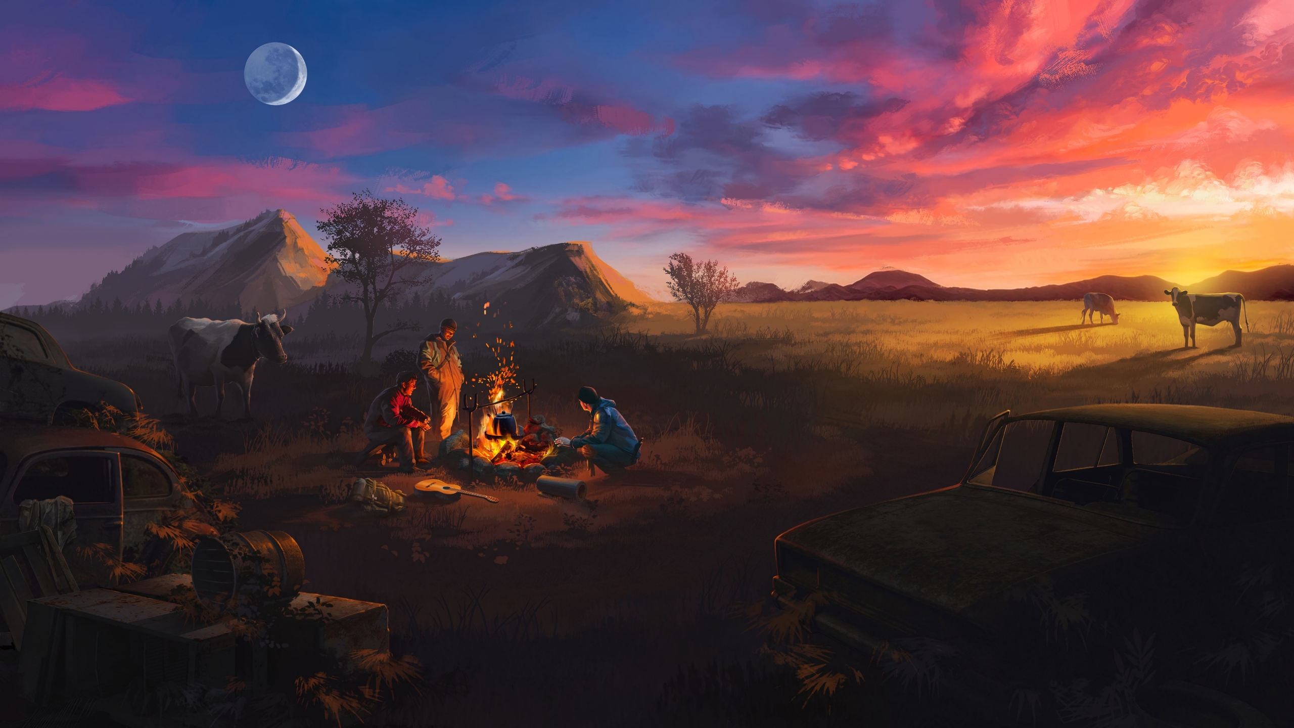 Bonfire while camping at sunset artwork wallpaper k ultra hd id