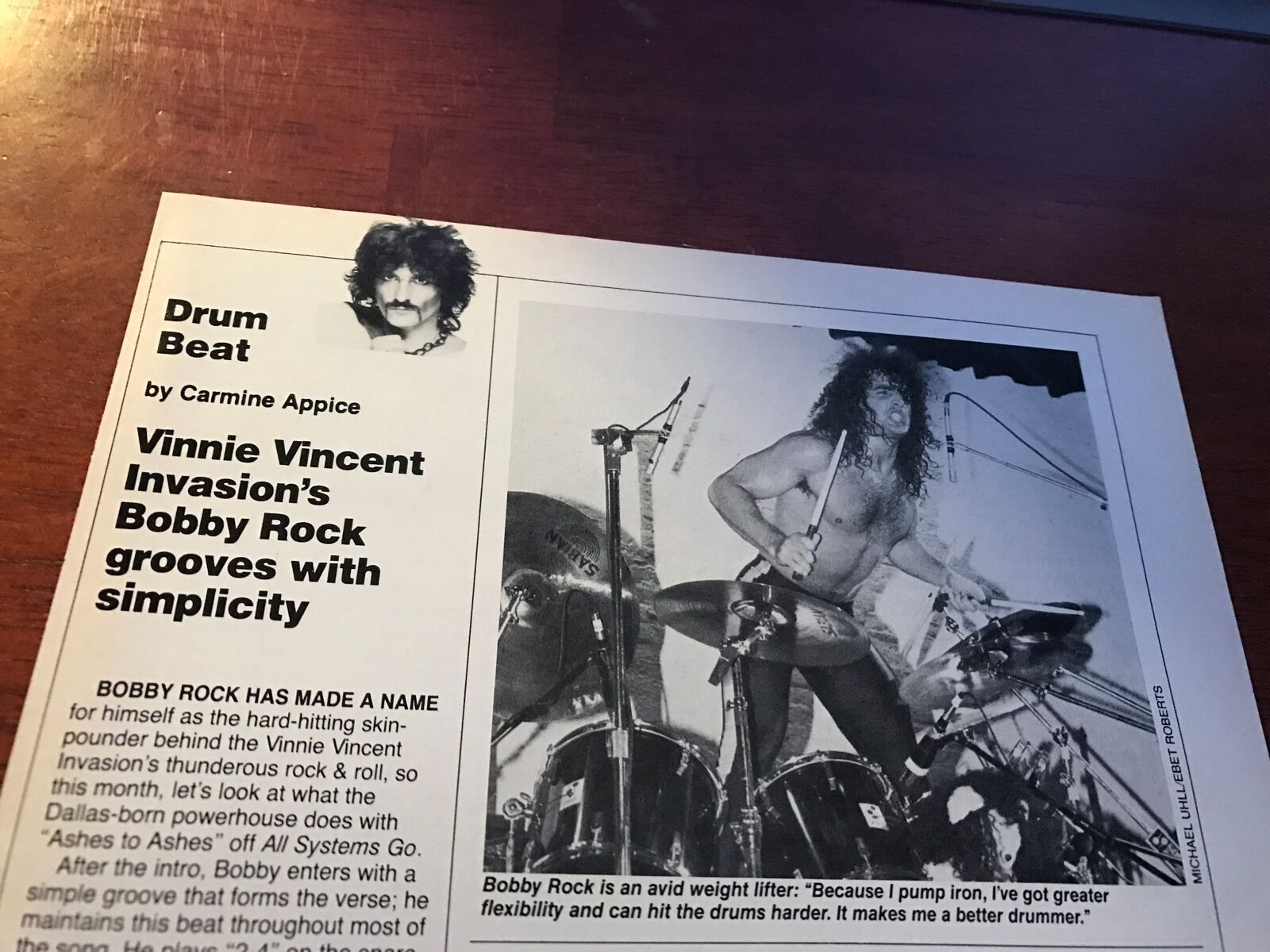 Vintage pg print article drum beat with bobby rock vinnie vincent invasion