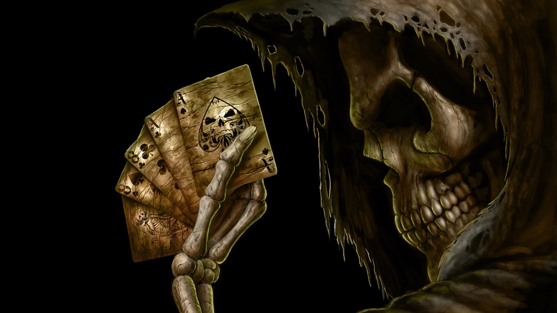 Cape cards skeleton fantasy art skull poker death grim reaper black background