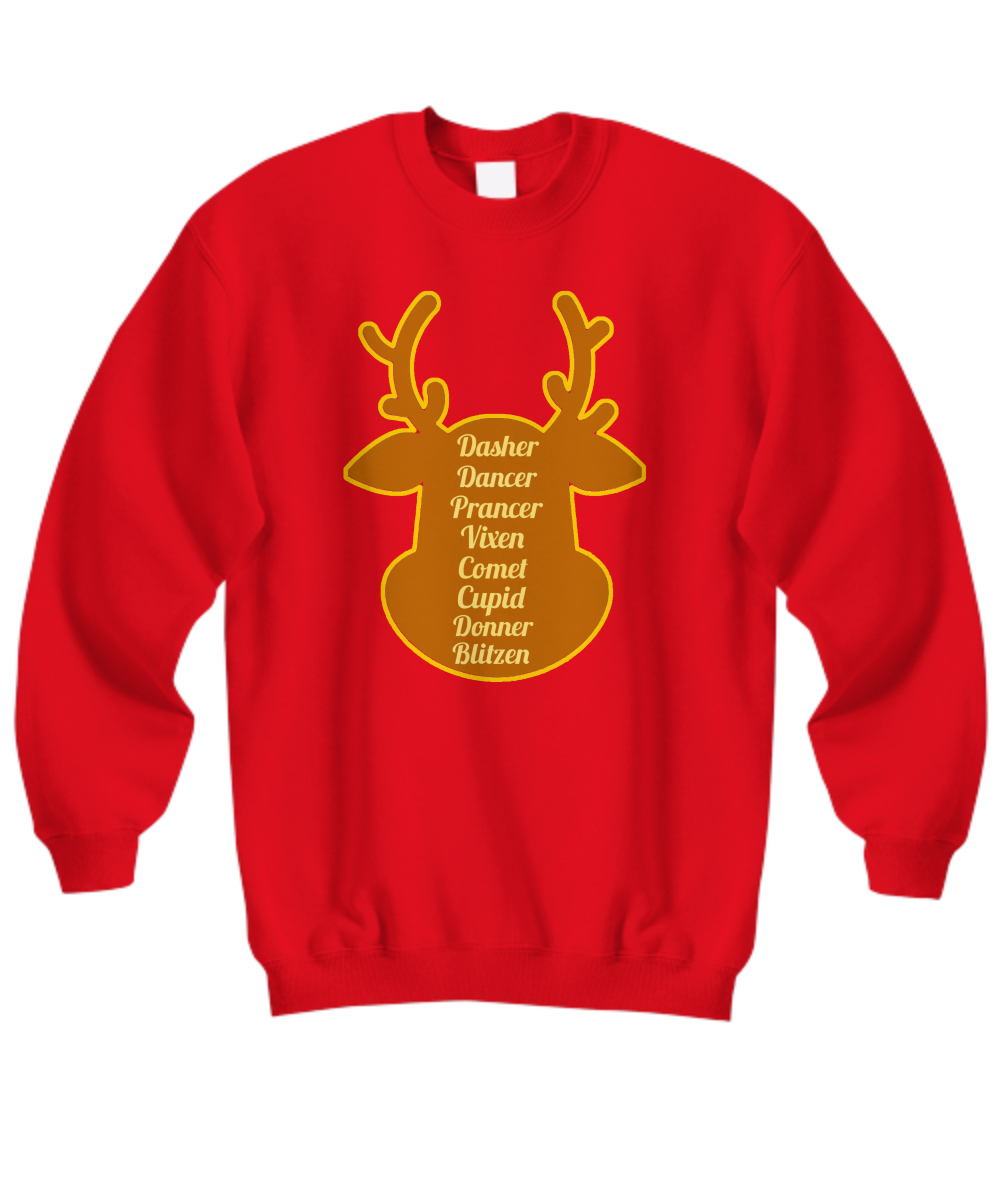 Santas reindeer names christmas holiday sweatshirt ugly xmas sweater
