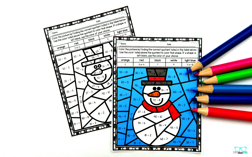 Color by number christmas division worksheets