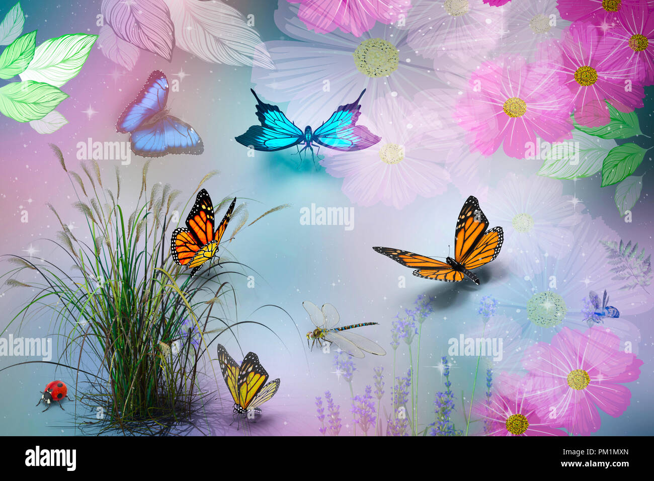 Abstract image of different butterflies on the background of flowers and plants d rendering stock photo