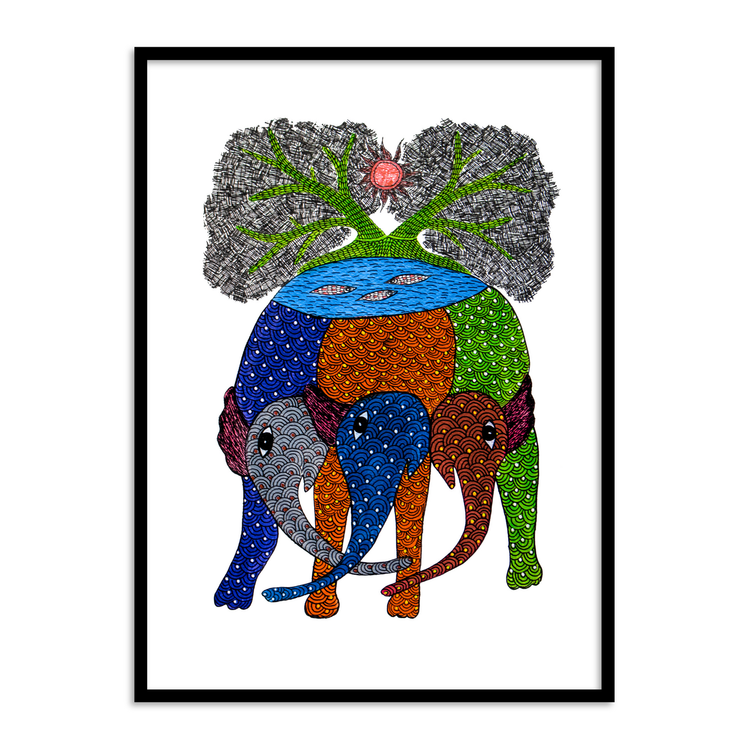 Beautiful three elephant gond art painting for a living walls indian