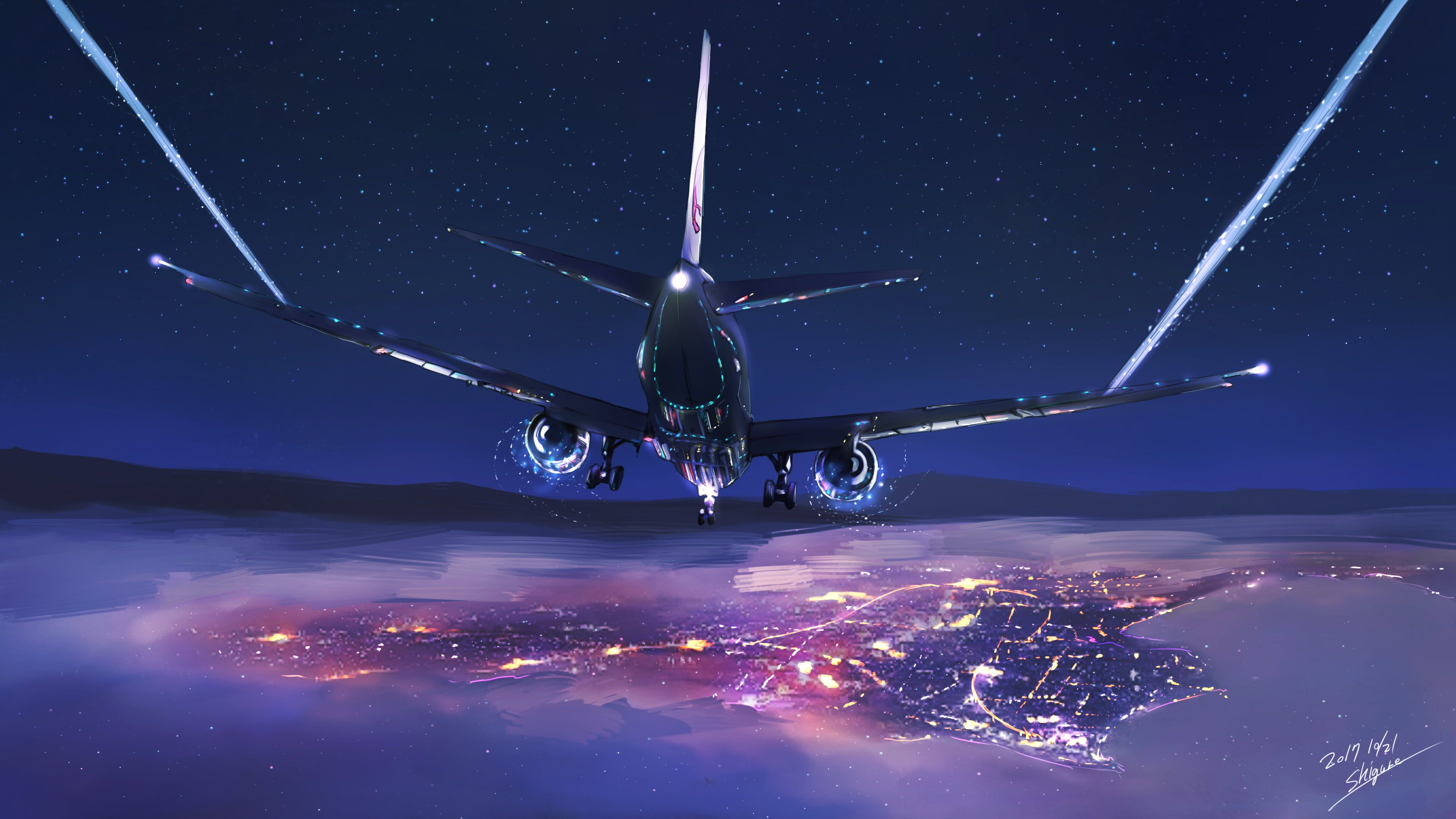 Black and gray airplane illustration planes city clouds sky mountains city lights stars night draâ airplane illustration airplane wallpaper hd wallpaper