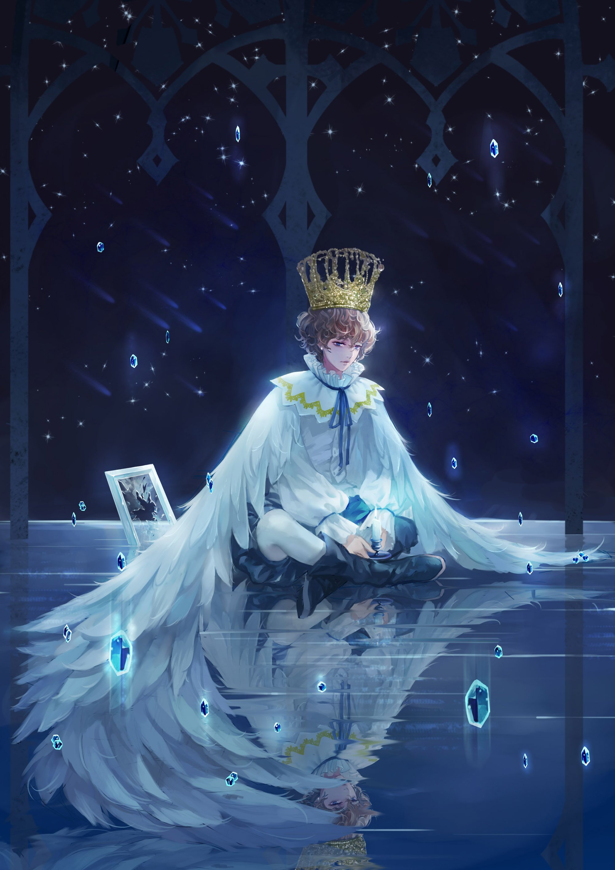 Boy wings night alone anime wallpaper x