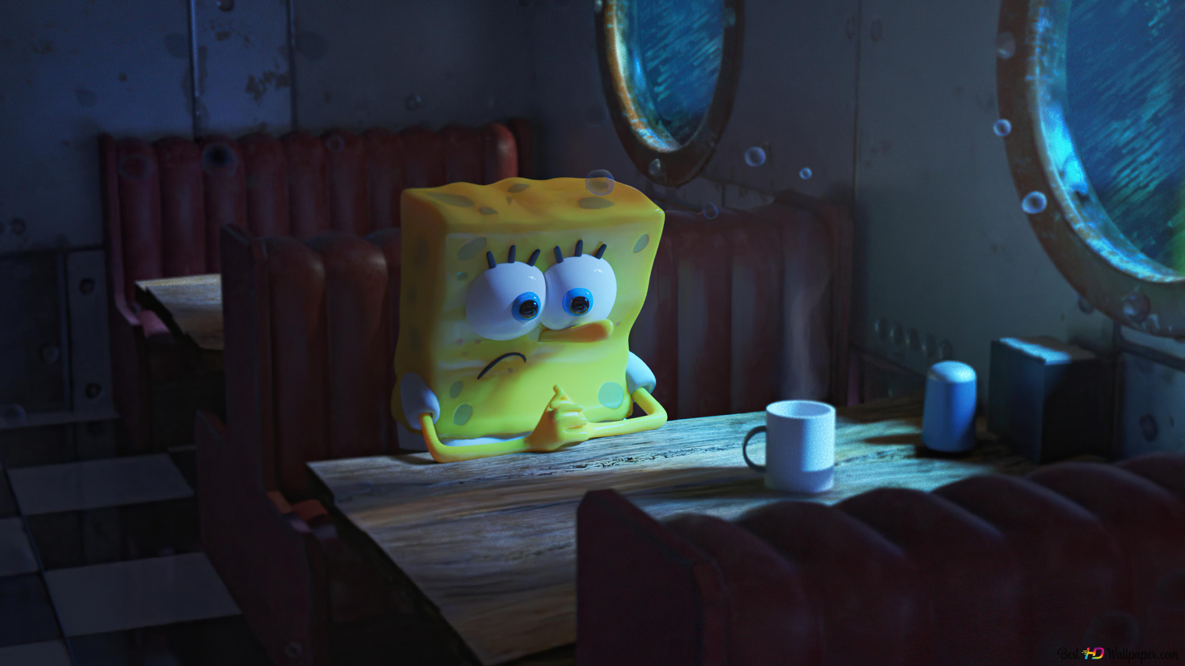 Cartoon character spongebob sitting sad alone at desk in room k wallpaper download
