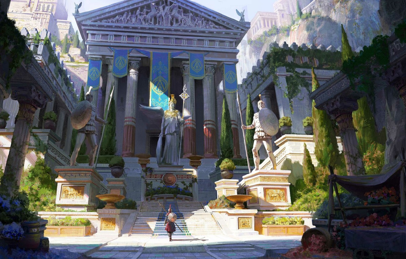 Wallpaper ladder columns temple shield statues spears banners cypress spartan assassins creed athena assassin creed ancient greece alexios images for desktop section ððññ