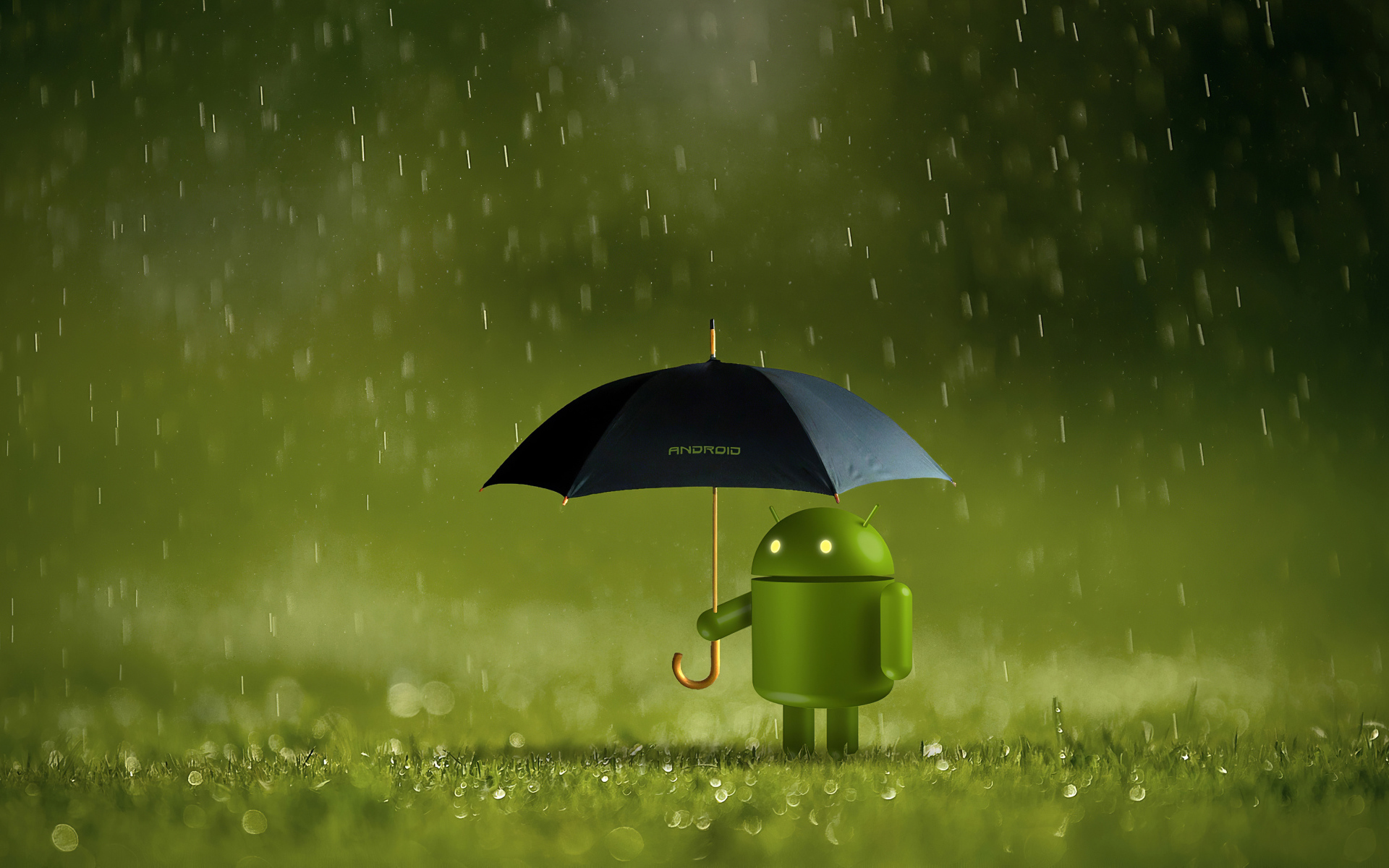 Green android is standing on the grass under an umbrella desktop wallpapers x