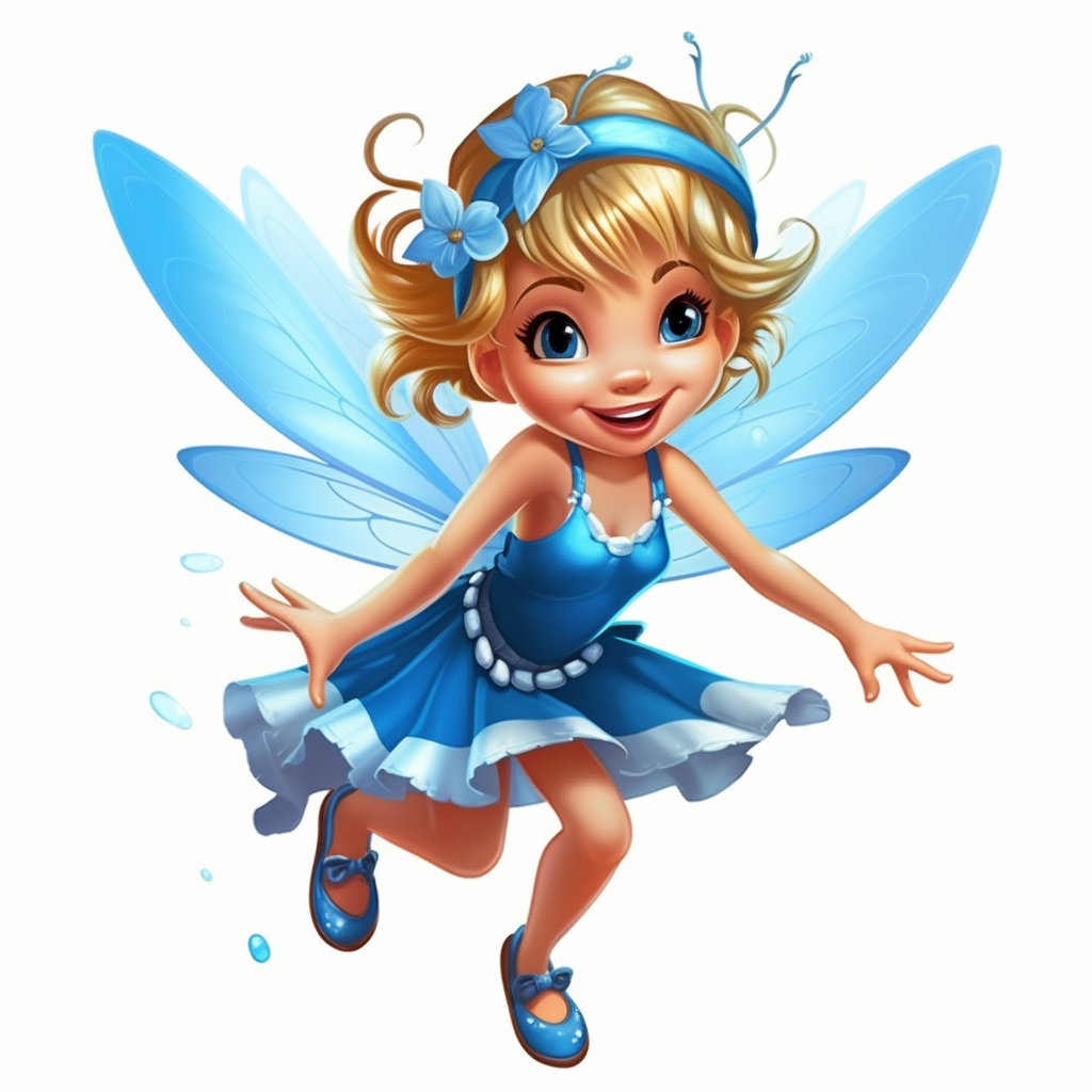 Clipart of a mischievous fairy with bright blue wings and a twinkle in her eye she