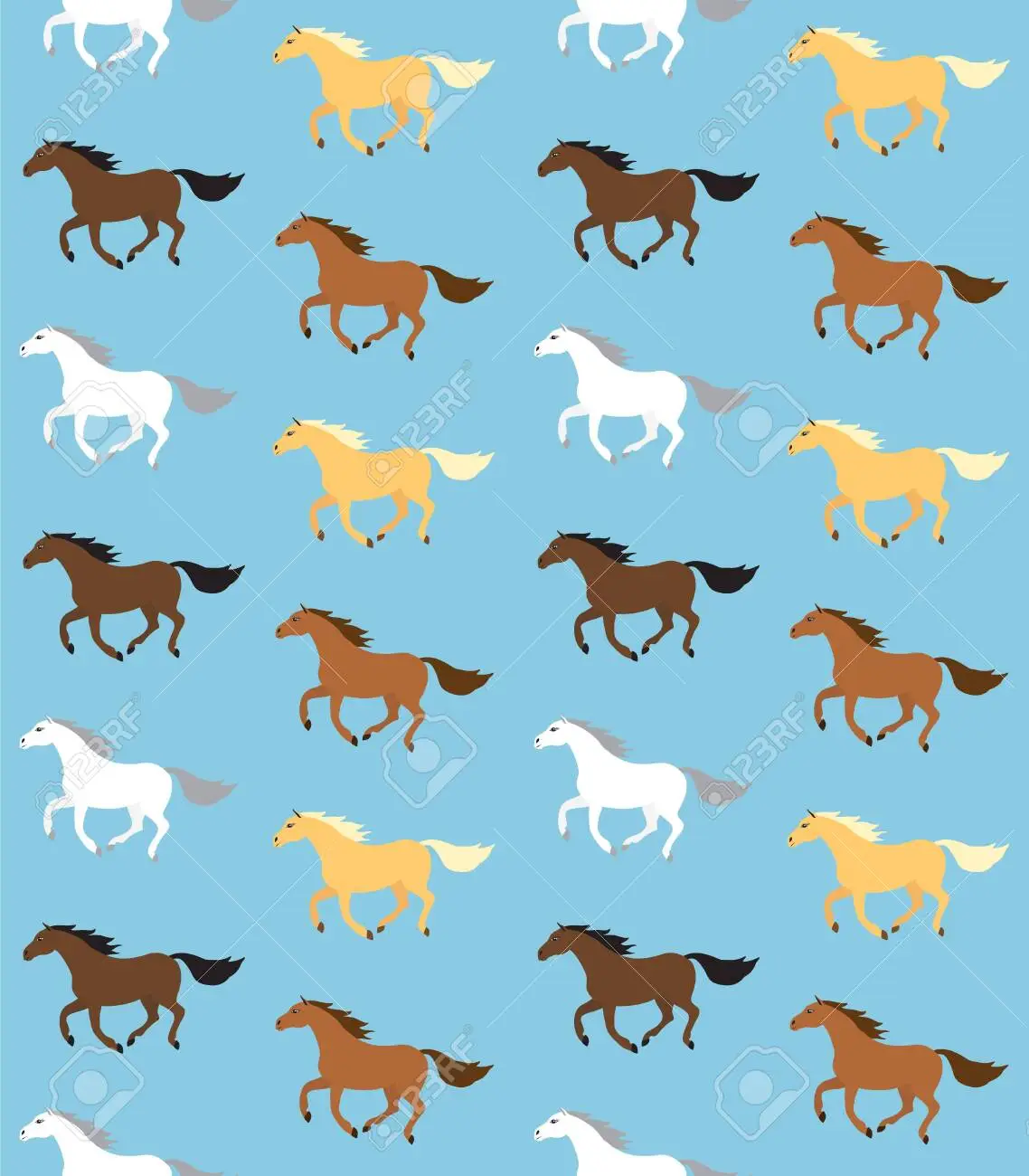 Seamless pattern of flat cartoon different colored horses isolated on blue background royalty free svg cliparts vectors and stock illustration image