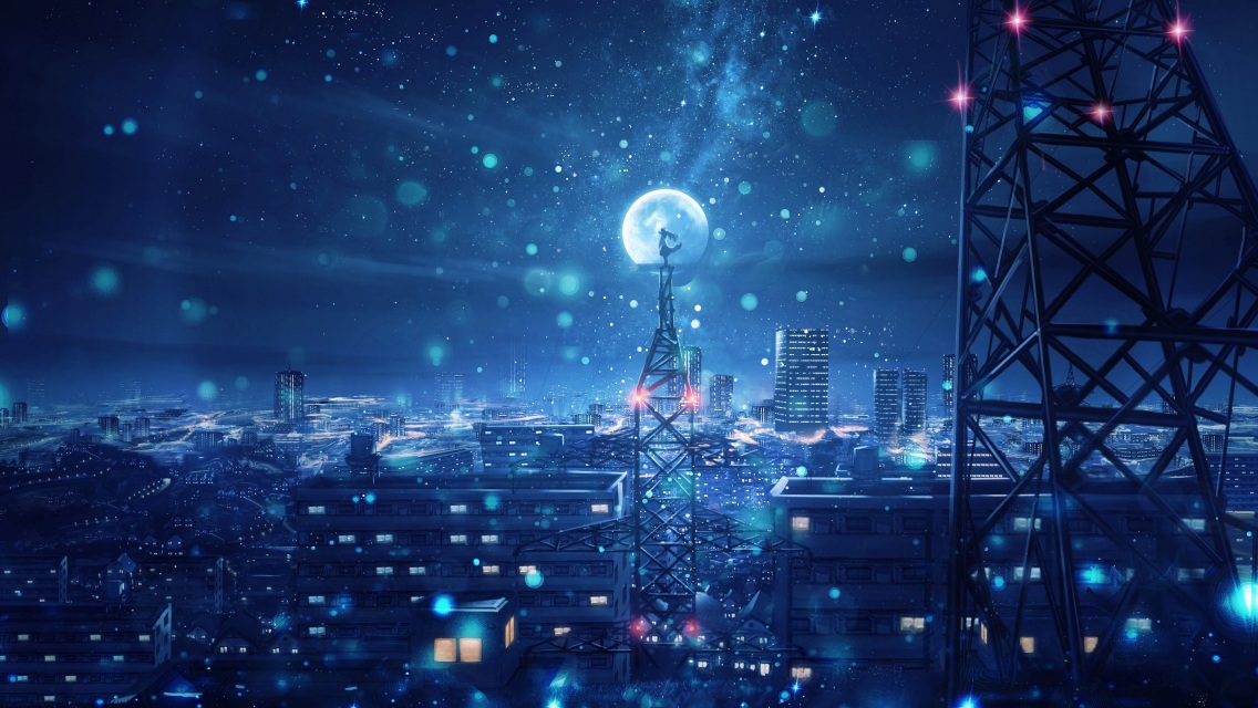 Wallpaper k blue night big moon anime scenery wallpaper