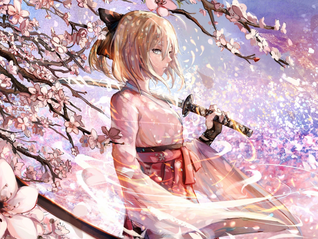 Wallpaper sakura saber katana cherry blossom anime desktop wallpaper hd image picture background facf